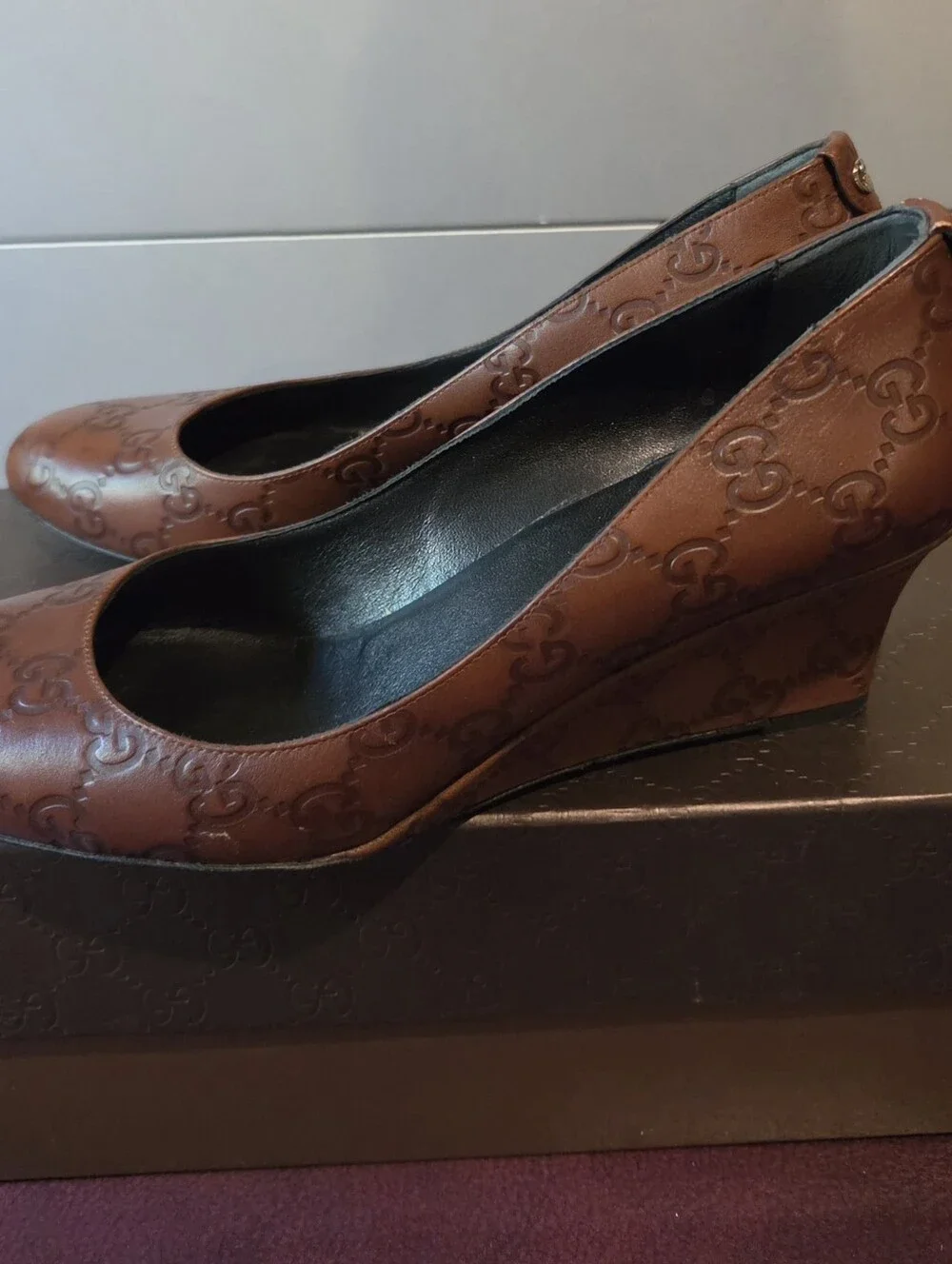 GUCCI Brown Leather GG Logo Wedge Pumps Shoes Women Size 38 US 7.5